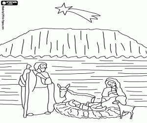 malvorlagen St. Josef und Maria mit ihrem Sohn Jesus in der Scheune mit dem Maultier und ein Schaf im Lichte der Stern von Bethlehem ausmalbilder