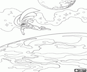 malvorlagen Superman fliegt durch weltraum mit zwei planeten in der ferne ausmalbilder