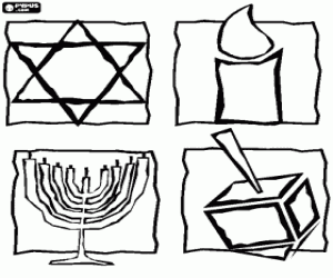 malvorlagen Symbole des Judentums - Davidstern, die brennende kerze, die chanukkia und dreidl oder dreidel ausmalbilder