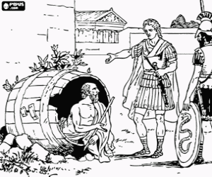 malvorlagen Szene aus dem gespr�ch zwischen dem griechischen philosophen Diogenes von Sinope, in ihrem lauf, und Alexander der Gro�e, begleitet von einem soldaten, auf den stra�en von Athen ausmalbilder