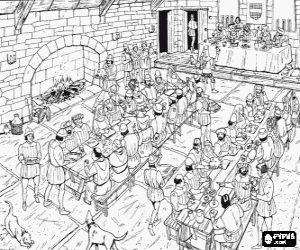 malvorlagen Szene aus einem mittelalterlichen abendessen im salon des schlosses oder burg mit der leistung der narr und die musiker vor der haupt-tabelle ausmalbilder