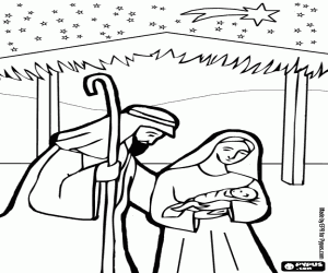 malvorlagen Szene des Jesus Geburt in einem stall in der n�he von Bethlehem unter dem sternenhimmel ausmalbilder