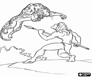 malvorlagen  Tarzan ringen mit seinem speer an den gro�en sprung von einem leoparden ausmalbilder