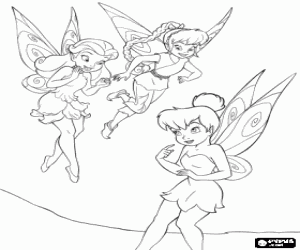 malvorlagen Tinker Bell oder Tinkerbell mit zwei ihrer Freundinnen, die Feen Rosetta und Emily ausmalbilder