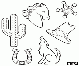 malvorlagen Typische Bilder des Wilden Westens: ein Kaktus, ein Hufeisen, ein Pferd, ein Cowboy-Hut, ein Kojote und Sheriffstern ausmalbilder
