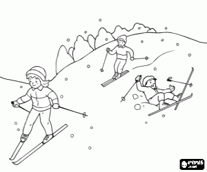 malvorlagen Typische winter szene mit kindern ski fahren die im berg ausmalbilder