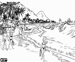 malvorlagen Urlaub in einem tropischen strand mit cabanas, palmen und surfen mit der starken wellen  ausmalbilder