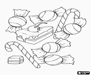 malvorlagen Verschiedene leckereien - Bonbons, candy-sticks und ein st�ck kuchen ausmalbilder