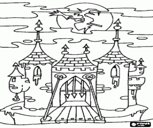 malvorlagen Verzaubertes schloss auf  Halloween-nacht mit der hexe auf ihrem fliegenden magischen besen ausmalbilder