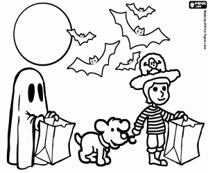 malvorlagen Vollmond-nacht und bat, ein pirat, ein gespenst und ein hund zu tun und mit k�rbis ausmalbilder