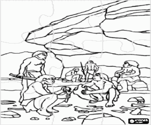 malvorlagen Vorgeschichte puzzle - Neandertaler gruppe m�nner unter dem schutz ein felsdach oder abri, einzeinen die durchf�hrung verschiedener aktivit�ten: Carving einige steine, die anderen die vorbereitung auf die jagd und eine frau das stillen ausmalbilder