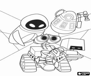 malvorlagen WALL-E, EVE, PR-T und M-O in Axiom mit der anlage geboren in einem boot ausmalbilder