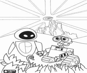 malvorlagen Wall-E und Eva gl�cklich, hand in hand unter einem strahlenden sonne ausmalbilder