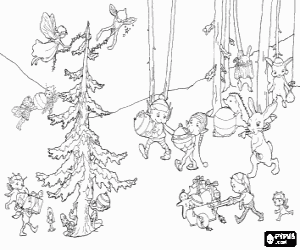 malvorlagen Weihnachten elfen mit freunden, tieren und feen im wald, schm�cken des weihnachtsbaume ausmalbilder