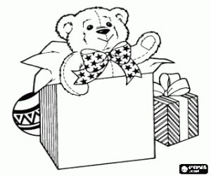 malvorlagen Weihnachts-geschenk-boxen mit einem Teddyb�ren sp�hen aus einer der kisten und eine ball ausmalbilder