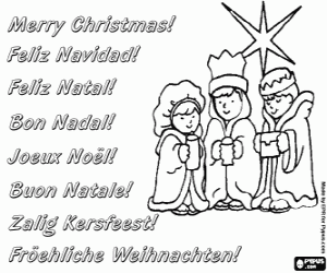 malvorlagen Weihnachts-Gru�karte mit drei Kindern, als die Heiligen Drei K�nige gekleidet ausmalbilder
