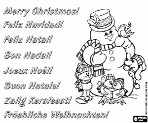 malvorlagen Weihnachts-Karte mit einem Schneemann und seine tierischen Freunde ausmalbilder