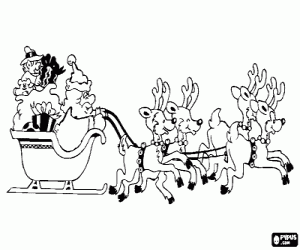 malvorlagen Weihnachts schlitten durch magische rentier gezogen und mit geschenken, Santa Claus und eine elfe ausmalbilder