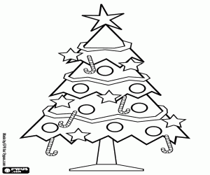malvorlagen Weihnachtsbaum geschm�ckt mit b�ndern, b�llen, candy-sticks und sternen ausmalbilder