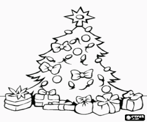 malvorlagen Weihnachtsbaum geschm�ckt mit perlen, b�ndern, eine gro�e stern und mit geschenken unter ausmalbilder