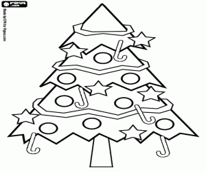 malvorlagen Weihnachtsb�ume geschm�ckt mit sternen, farbigen kugeln und s��igkeiten-sticks ausmalbilder