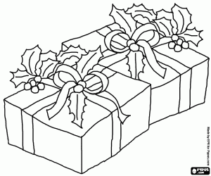 malvorlagen Weihnachtsgeschenke mit b�ndern, schleifen und zweige der stechpalme ausmalbilder