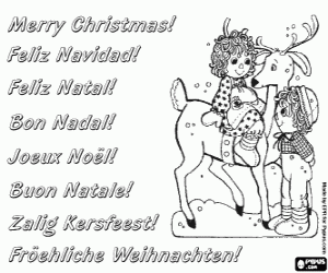 malvorlagen Weihnachtskarte mit zwei Kindern und einem Rentier ausmalbilder