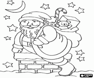 malvorlagen Weihnachtsmann durch den Schornstein eines Hauses in der Weihnachtsnacht mit einem Sack voller Spielzeug ausmalbilder