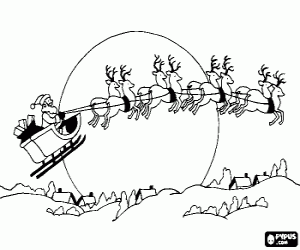 malvorlagen Weihnachtsmann in seinem magischen schlitten gezogen von fliegenden rentieren in der Weihnachtsnacht ausmalbilder