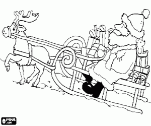 malvorlagen Weihnachtsmann in seinem pferdeschlitten mit einem ren und mit geschenken auf schnee geladen ausmalbilder