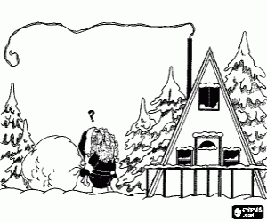 malvorlagen Weihnachtsmann mit einem gro�en Geschenk Tasche vor einem Haus mit einem sehr schmalen Schornstein ausmalbilder