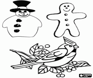 malvorlagen Weihnachtsschmuck: schneemann, cookie-f�rmige mensch und vogel auf einem zweig ausmalbilder