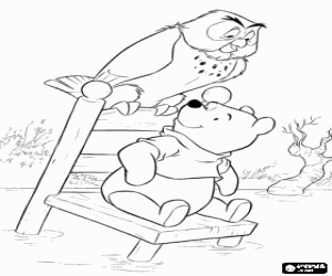 malvorlagen Winnie Puuh und Eule auf einem stuhl in der mitte des teiches ausmalbilder