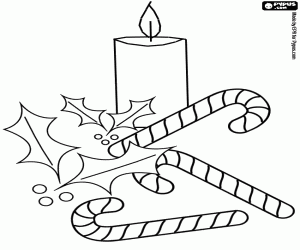malvorlagen Zuckerstangen oder polkagris, eine brennende kerze und ein zweig der stechpalme mit roten beeren ausmalbilder