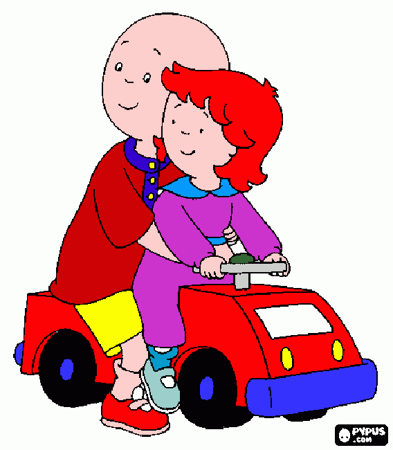 gratis malvorlagen Caillou auf einem kleinem Bobbycar mit seiner Schwester Rosie