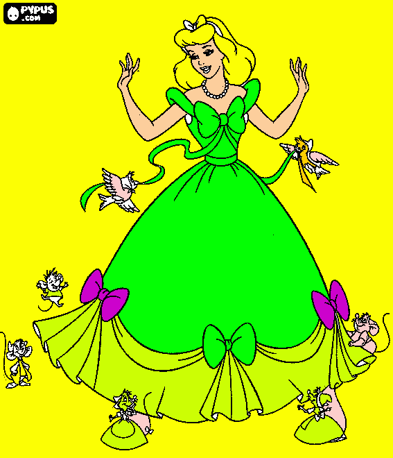 gratis malvorlagen Cinderella grünes Kleid