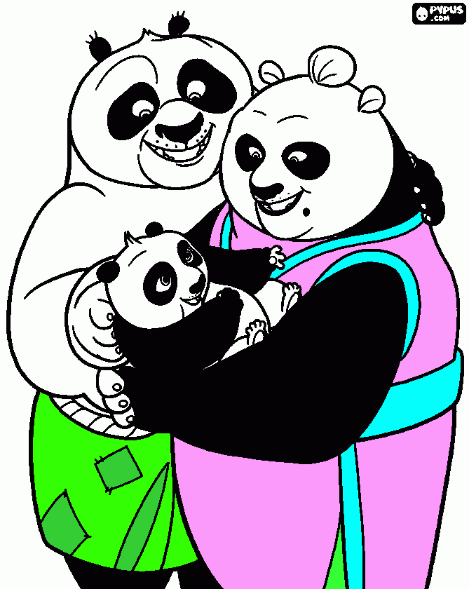 gratis malvorlagen Der  Baby-Panda  Po  mit  Mama  Und  Papa