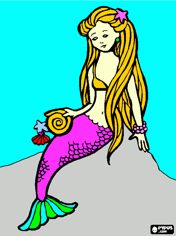 gratis malvorlagen Eine  Meerjungfrau  auf  einem  Felsen   mit  goldner    Muschel