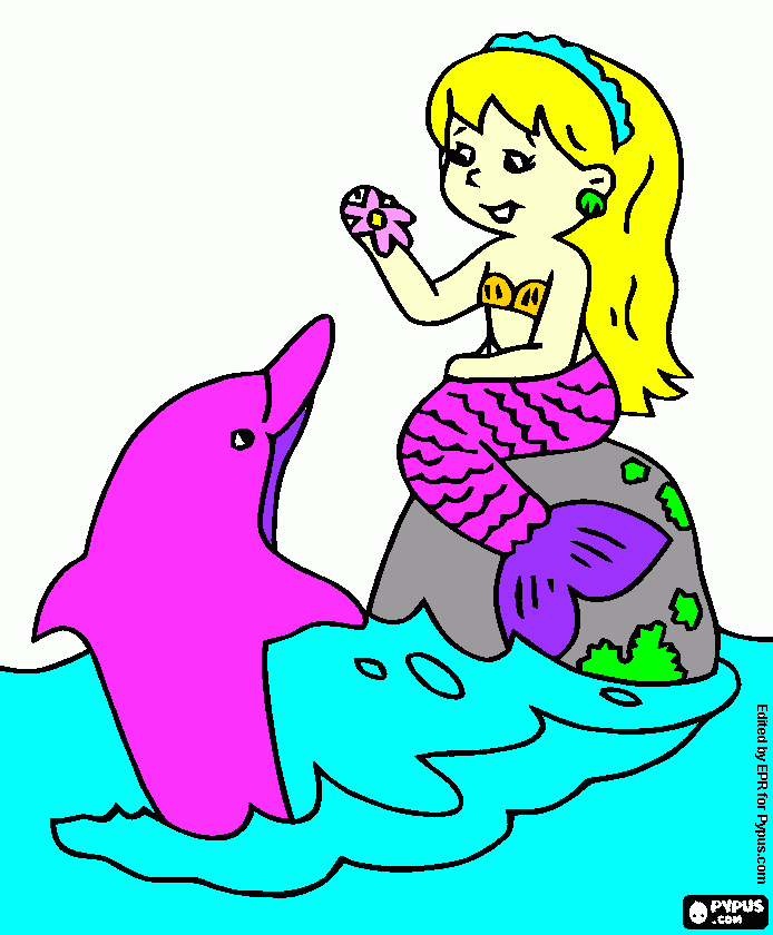 gratis malvorlagen Eine  Meerjungfrau  mit  einem  pinken  Delfin