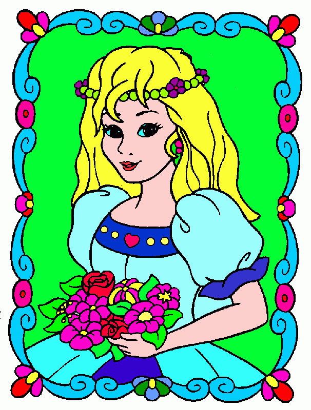 gratis malvorlagen Gerahmtes Porträt der Prinzessin mit Krone und Blumenstrauß