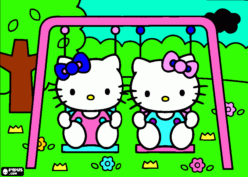 gratis malvorlagen hello kitty auf der schaukel und blumen und kronen und eine schwarze wolke dazu