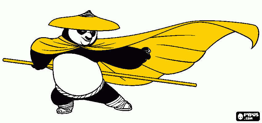 gratis malvorlagen Po  der  Panda  mit  Stock  und  Hut
