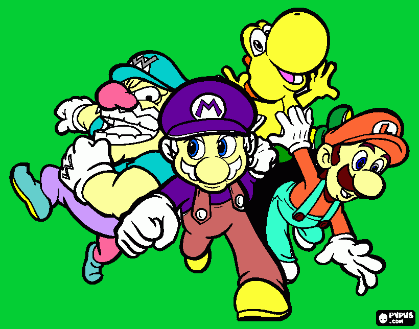 gratis malvorlagen Wario, Mario, Yoshi und Luigi