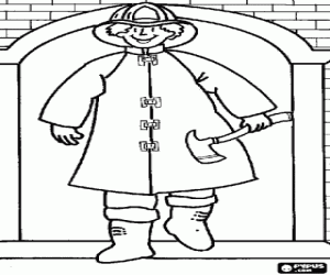 malvorlagen Feuerwehrmann mit Ax und ein Gebäude ausmalbilder