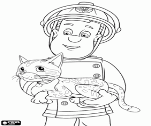 malvorlagen Feuerwehrmann Sam und gerettete Katze ausmalbilder
