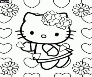 malvorlagen Hello Kitty unter Blumen und Herzen ausmalbilder