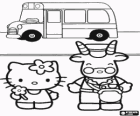 Hello Kitty und der fahrer oder der schule busfahrer steht vor dem fahrzeug