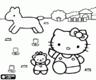 Hello Kitty auf dem gebiet mit einem pferd und einem bauernhof hintergrund