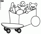 Spielzeug-box öffnen mit einem skateboard, einen ball und eine puppe