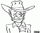 Gesicht des alten sheriff mit cowboy-hut und stern auf der brust